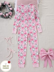 Girls' Fitted Long Sleeve Long Pants Jumpsuit With Bow Print And Zipper, Loungewear - Pink - View 3