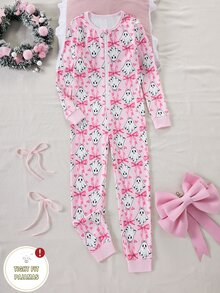 Girls' Fitted Long Sleeve Long Pants Jumpsuit With Bow Print And Zipper, Loungewear - Pink - View 4