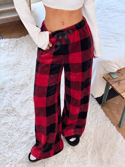 SHEIN PETITE Pantalon ample décontracté à jambes larges avec imprimé à carreaux et taille nouée pour femmes