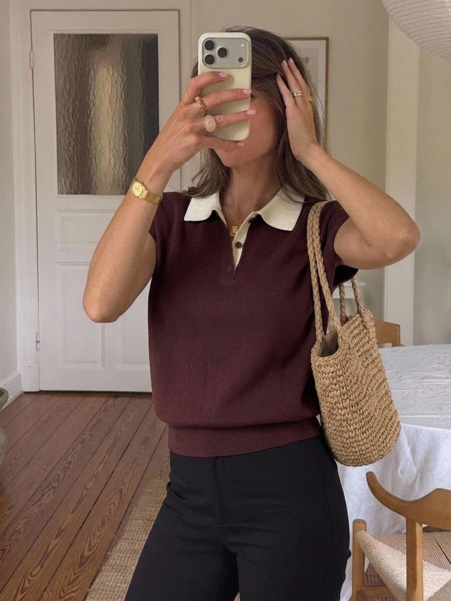 Serisse Atasan Rajut Longgar Kasual Kerah Polo Motif Blok Warna untuk Wanita - Coklat - View 1