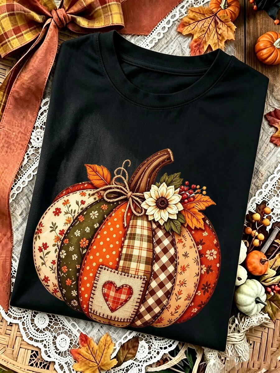 Breezaya Free Delivery On Autumnal Bohemian Floral Pumpkin Long-Sleeve T-Shirts, Collegiate-Style Floral Pump - Black - View 1