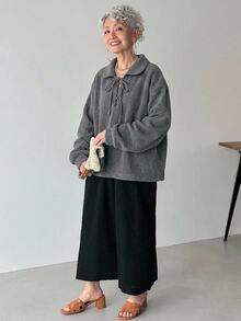 FRIFUL Middle-Aged Women's Autumn Solid Color Neckline Tie-Up Sweatshirt - Grey - View 3