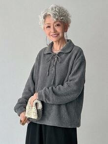 FRIFUL Middle-Aged Women's Autumn Solid Color Neckline Tie-Up Sweatshirt - Grey - View 4