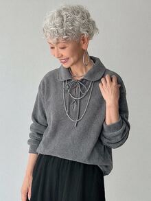 FRIFUL Middle-Aged Women's Autumn Solid Color Neckline Tie-Up Sweatshirt - Grey - View 8