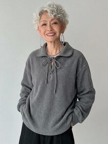 FRIFUL Middle-Aged Women's Autumn Solid Color Neckline Tie-Up Sweatshirt - Grey - View 5