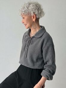 FRIFUL Middle-Aged Women's Autumn Solid Color Neckline Tie-Up Sweatshirt - Grey - View 7
