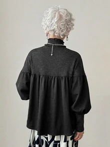 FRIFUL Middle-Aged Women Versatile High Neck Frill Trim Long Sleeve T-Shirt - Black - View 2