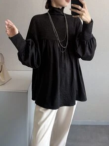 FRIFUL Middle-Aged Women Versatile High Neck Frill Trim Long Sleeve T-Shirt - Black - View 7