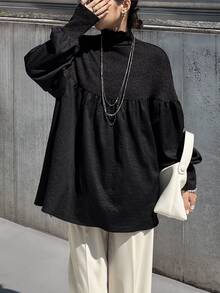 FRIFUL Middle-Aged Women Versatile High Neck Frill Trim Long Sleeve T-Shirt - Black - View 10