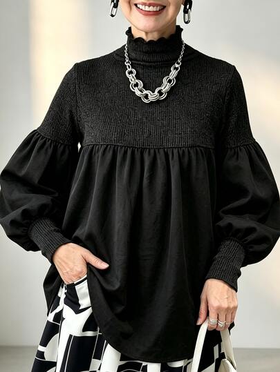 FRIFUL Middle-Aged Women Versatile High Neck Frill Trim Long Sleeve T-Shirt