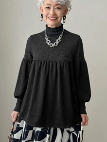 FRIFUL Middle-Aged Women Versatile High Neck Frill Trim Long Sleeve T-Shirt - Black - View 11