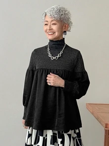 FRIFUL Middle-Aged Women Versatile High Neck Frill Trim Long Sleeve T-Shirt - Black - View 5