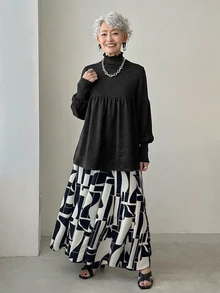 FRIFUL Middle-Aged Women Versatile High Neck Frill Trim Long Sleeve T-Shirt - Black - View 3