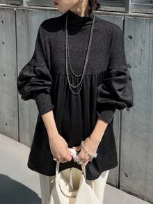 FRIFUL Middle-Aged Women Versatile High Neck Frill Trim Long Sleeve T-Shirt - Black - View 9