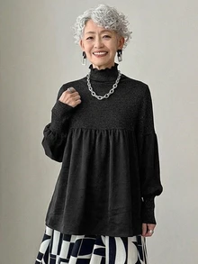 FRIFUL Middle-Aged Women Versatile High Neck Frill Trim Long Sleeve T-Shirt - Black - View 12