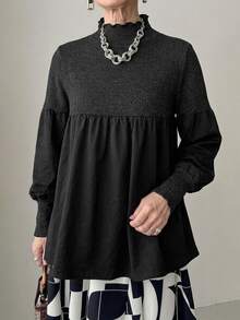FRIFUL Middle-Aged Women Versatile High Neck Frill Trim Long Sleeve T-Shirt - Black - View 4