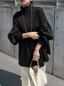 FRIFUL Middle-Aged Women Versatile High Neck Frill Trim Long Sleeve T-Shirt - Black - View 1
