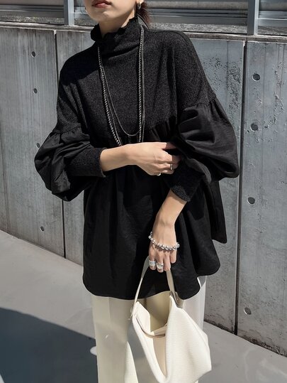 FRIFUL Middle-Aged Women Versatile High Neck Frill Trim Long Sleeve T-Shirt