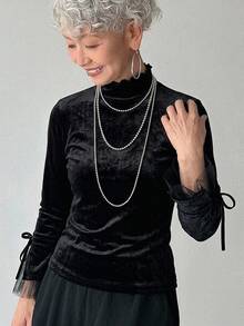 FRIFUL Kaos Slimming Wanita Paruh Baya Musim Gugur Warna Polos Kontras Jala & Beludru - Hitam - View 14