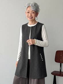 FRIFUL Rompi Berlapis Motif Manik-Manik Warna Polos Musim Gugur untuk Wanita Paruh Baya dan Lansia - Grey - View 5