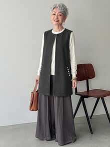 FRIFUL Rompi Berlapis Motif Manik-Manik Warna Polos Musim Gugur untuk Wanita Paruh Baya dan Lansia - Grey - View 6