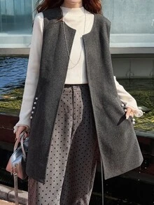 FRIFUL Rompi Berlapis Motif Manik-Manik Warna Polos Musim Gugur untuk Wanita Paruh Baya dan Lansia - Grey - View 8