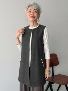FRIFUL Rompi Berlapis Motif Manik-Manik Warna Polos Musim Gugur untuk Wanita Paruh Baya dan Lansia - Grey - View 4