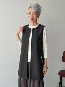 FRIFUL Rompi Berlapis Motif Manik-Manik Warna Polos Musim Gugur untuk Wanita Paruh Baya dan Lansia - Grey - View 11