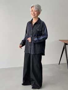 FRIFUL Middle-Aged Women's Autumn Colorblock Corduroy Shirt - Grey - View 2