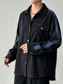 FRIFUL Middle-Aged Women's Autumn Colorblock Corduroy Shirt - Grey - View 1