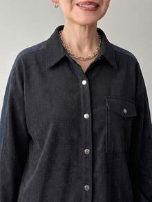 FRIFUL Middle-Aged Women's Autumn Colorblock Corduroy Shirt - Grey - View 14