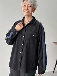 FRIFUL Middle-Aged Women's Autumn Colorblock Corduroy Shirt - Grey - View 13