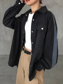 FRIFUL Middle-Aged Women's Autumn Colorblock Corduroy Shirt - Grey - View 7