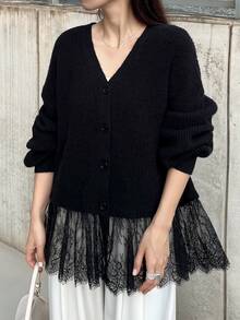FRIFUL Middle-Aged Women's Autumn Solid Color Contrast Lace Trim Cardigan Vest Knit Sweater Winter - Black - View 6
