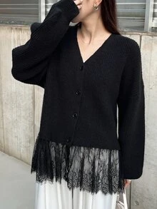 FRIFUL Middle-Aged Women's Autumn Solid Color Contrast Lace Trim Cardigan Vest Knit Sweater Winter - Black - View 8
