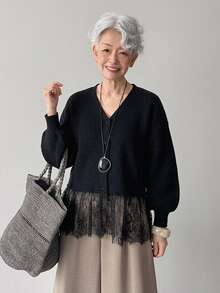 FRIFUL Middle-Aged Women's Autumn Solid Color Contrast Lace Trim Cardigan Vest Knit Sweater Winter - Black - View 5