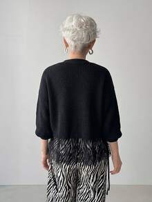 FRIFUL Middle-Aged Women's Autumn Solid Color Contrast Lace Trim Cardigan Vest Knit Sweater Winter - Black - View 2
