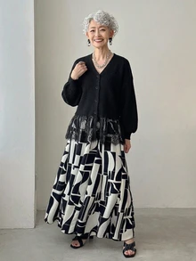 FRIFUL Middle-Aged Women's Autumn Solid Color Contrast Lace Trim Cardigan Vest Knit Sweater Winter - Black - View 3