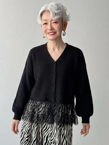 FRIFUL Middle-Aged Women's Autumn Solid Color Contrast Lace Trim Cardigan Vest Knit Sweater Winter - Black - View 4