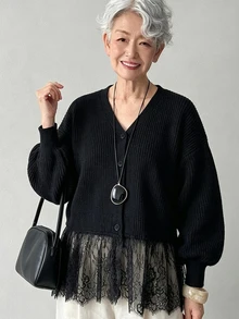 FRIFUL Middle-Aged Women's Autumn Solid Color Contrast Lace Trim Cardigan Vest Knit Sweater Winter - Black - View 1