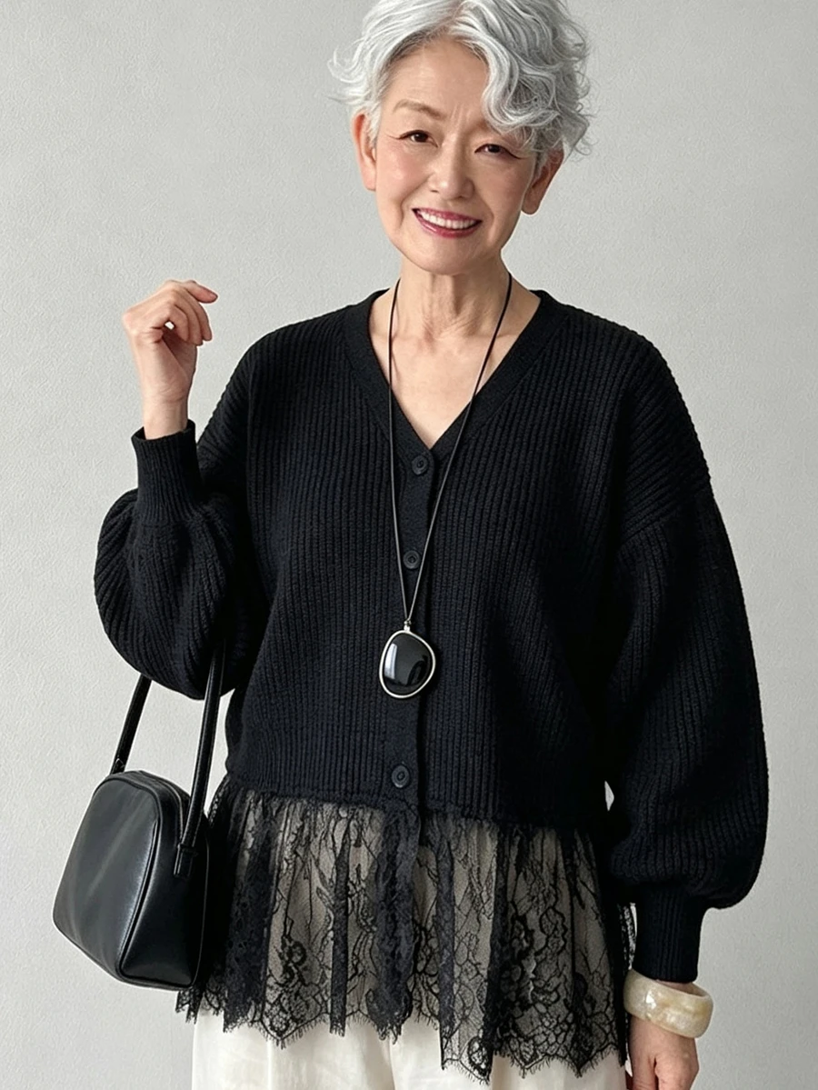 FRIFUL Middle-Aged Women's Autumn Solid Color Contrast Lace Trim Cardigan Vest Knit Sweater Winter - Black - View 1