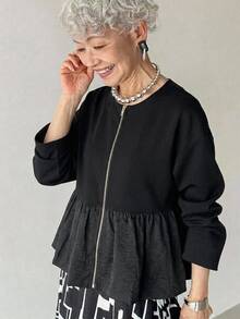 FRIFUL Middle-Aged Women's Autumn Solid Color Metal Zipper Bud Hem Regular Jacket - Black - View 12