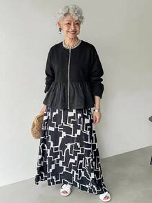 FRIFUL Middle-Aged Women's Autumn Solid Color Metal Zipper Bud Hem Regular Jacket - Black - View 3