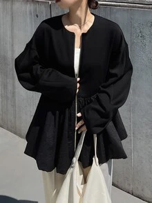 FRIFUL Middle-Aged Women's Autumn Solid Color Metal Zipper Bud Hem Regular Jacket - Black - View 10
