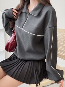 FRIFUL Middle-Aged Women Autumn Color-Block Striped Metal Zipper Stand Collar Sweatshirt - Grey - View 10