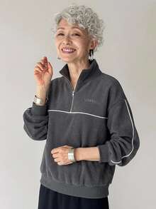 FRIFUL Middle-Aged Women Autumn Color-Block Striped Metal Zipper Stand Collar Sweatshirt - Grey - View 6