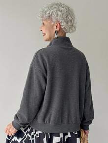 FRIFUL Middle-Aged Women Autumn Color-Block Striped Metal Zipper Stand Collar Sweatshirt - Grey - View 2