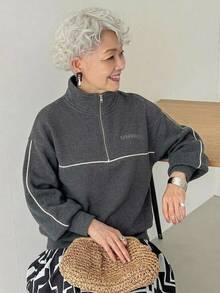 FRIFUL Middle-Aged Women Autumn Color-Block Striped Metal Zipper Stand Collar Sweatshirt - Grey - View 5