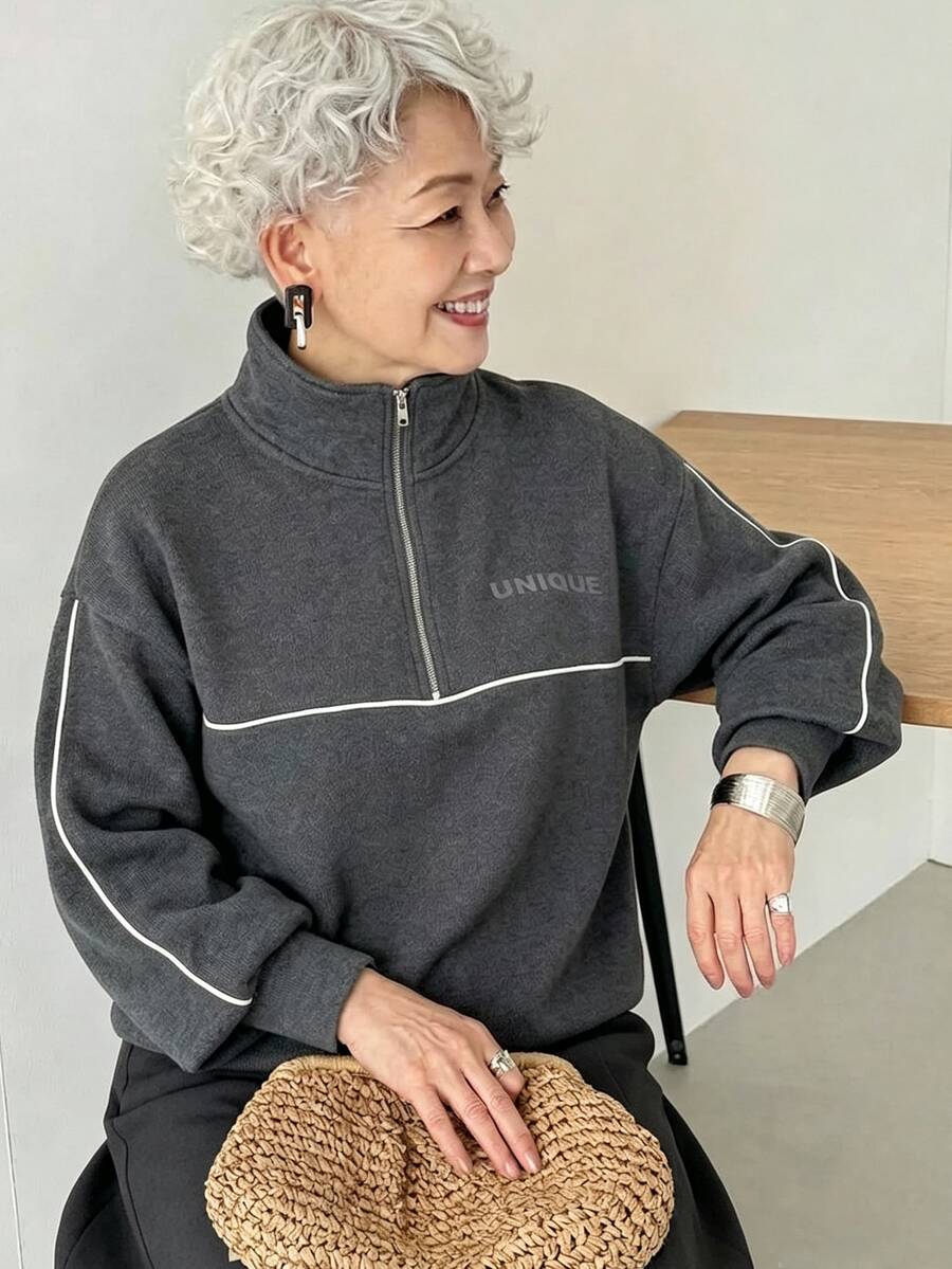FRIFUL 中年女性秋季配色拼接條紋金屬拉鍊立領運動衫 - 灰色 - 查看 1