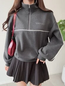 FRIFUL Middle-Aged Women Autumn Color-Block Striped Metal Zipper Stand Collar Sweatshirt - Grey - View 9